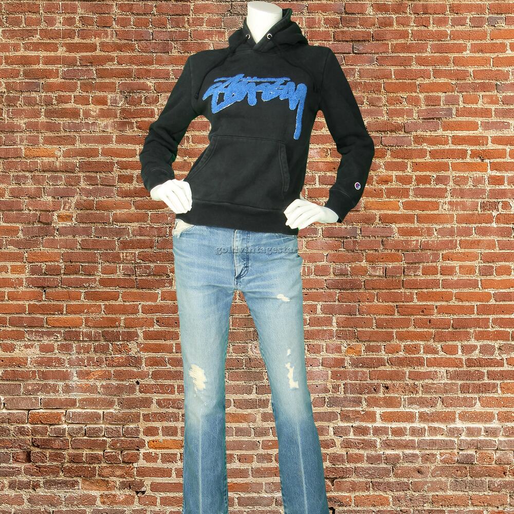 Stussy Champion Black Big Logo Reverse Weave Hoodie Sweatshirt S